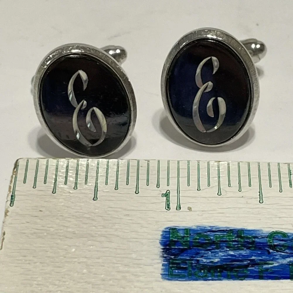 Vintage Oval Enamel Monogram Initial letter E Mens Cufflinks Silver Tone
